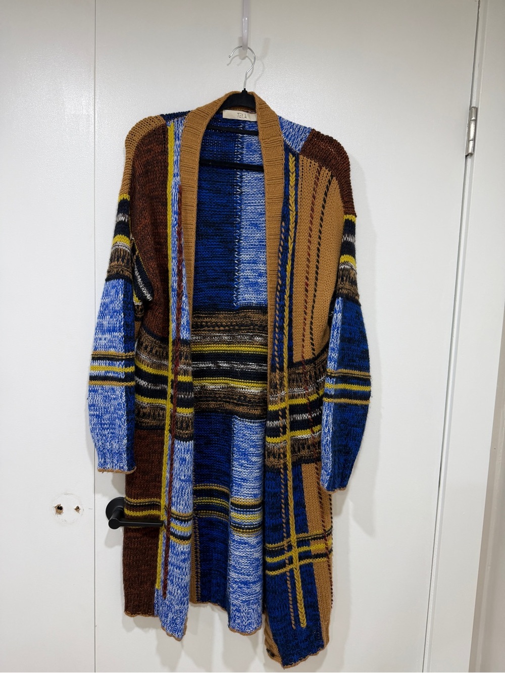 Tela Multicolor Striped Knit Cardigan in Blue, Tan & Yellow